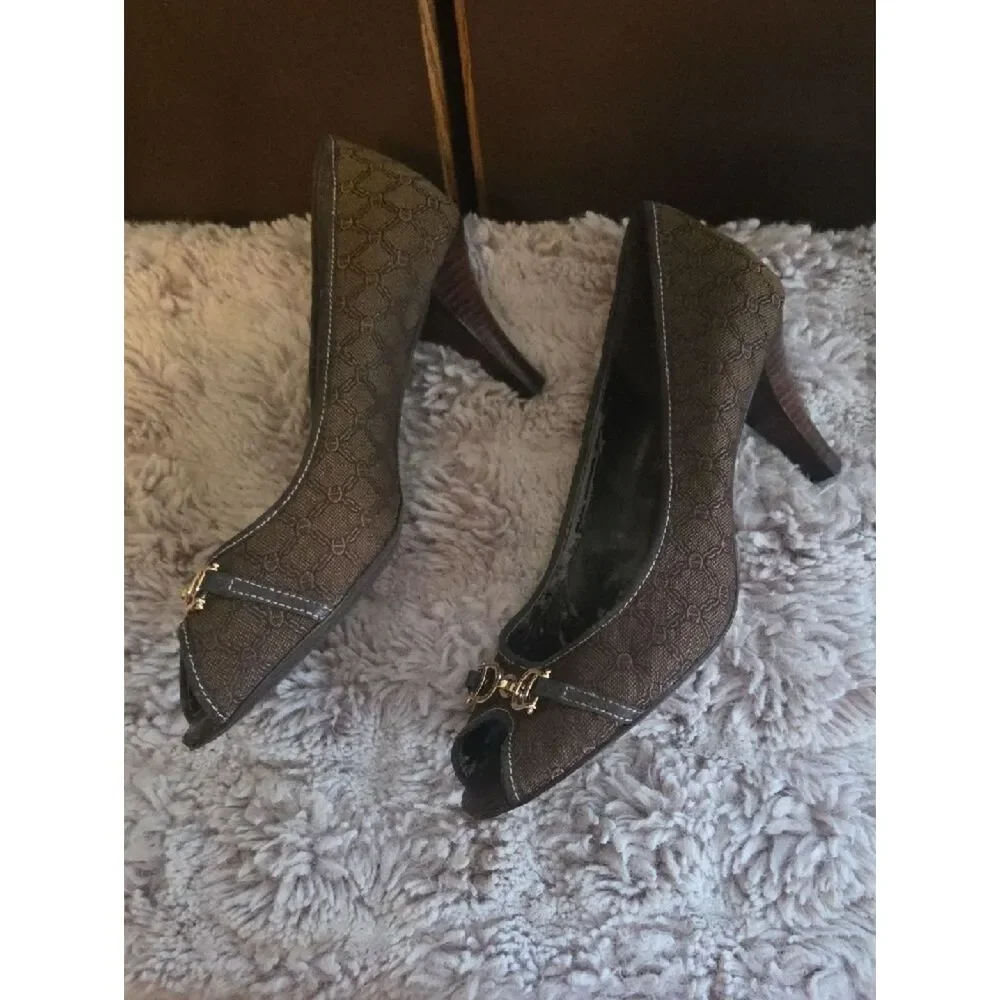 Etienne Aigner Brown Patterned Peep-Toe Heels with Gold Hardware